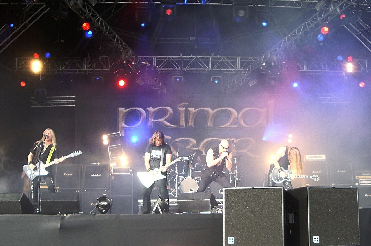 A metal band performing on the main stage at Bloodstock Open Air 2008.