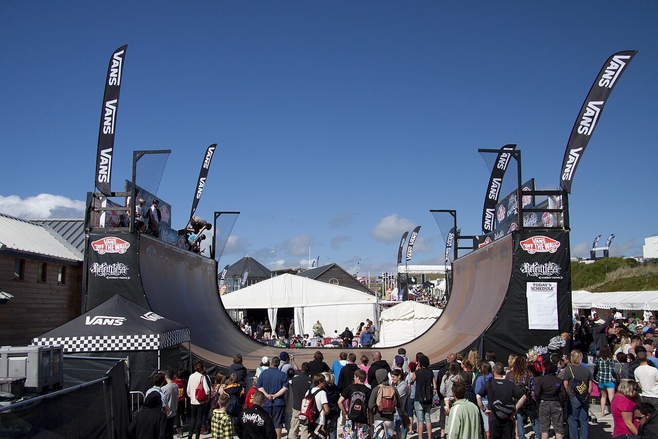 Spectators around the Boardmasters skateboarding vert ramp in Newquay.