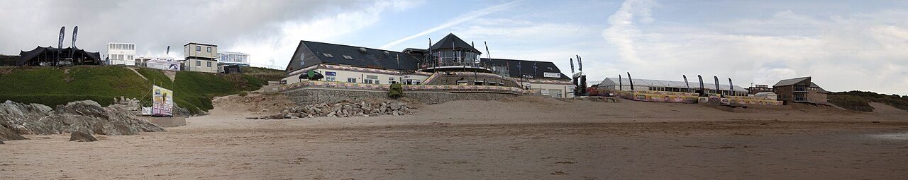 A panoramic view of the Boardmasters setup on Fistral Beach, Newquay.