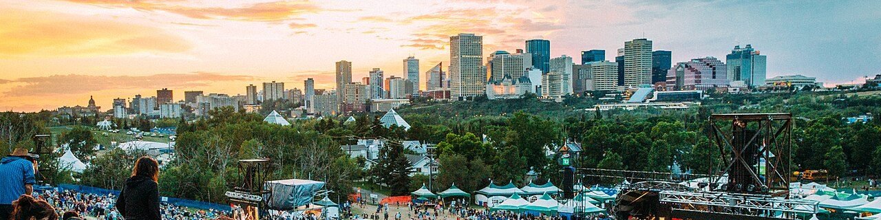 Panorama of the festival hill and downtown Edmonton skyline at sunset, 2015.
