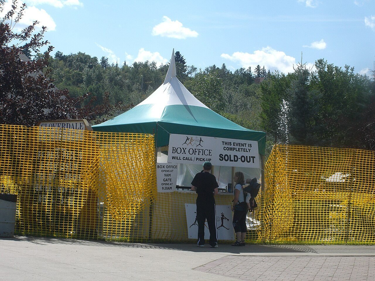 Festival box office tent with a 'sold out' sign at the Edmonton Folk Music Festival, 2006.
